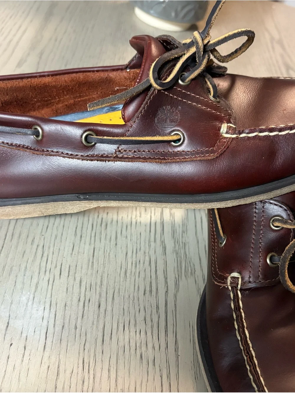 Timberland Men's Dark Burgundy Leather Boat Shoes with Tan Laces